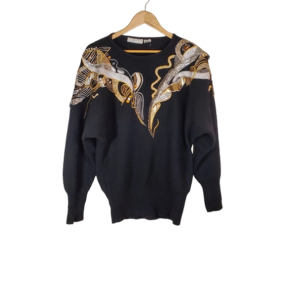Vintage 80s/90s Gold Silver & Black Streamer Party Sweater - Picture 1 of 16